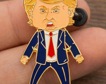 Happy Trump Cartoon Enamel Lapel Pin – Gold-Plated Political Satire