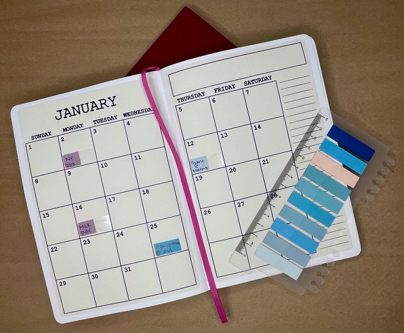 20242025, A5 Calendar Stickers 5x7.5, CHOOSE Start Month, Typewriter Font on CREAM, 2 Pages