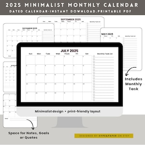 2025 Printable Calendar PDF Digital Download, Minimalist Monthly Planner, Aesthetic Desk Wall Calendar, Sunday Monday Start, A4 US Letter