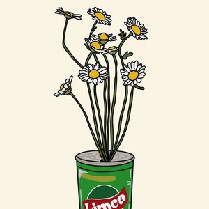 May include: A green can with the word "Limca" printed on it, filled with a bouquet of white daisies with yellow centers.