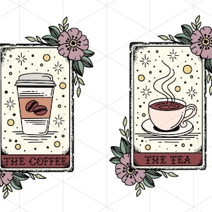 May include: Two vintage-style cards with floral accents. The first card features a coffee cup with the text "THE COFFEE". The second card features a teacup with steam rising from it and the text "THE TEA".