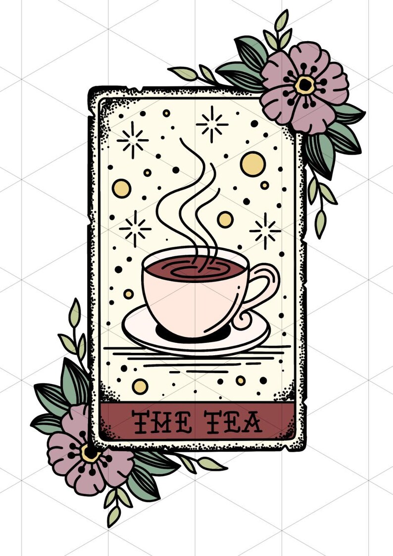 May include: A vintage-style illustration of a steaming cup of tea with the text "THE TEA" on a red banner. The illustration is surrounded by flowers and leaves.