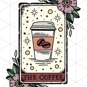 May include: A vintage-style illustration of a coffee cup with coffee beans inside. The illustration is surrounded by a floral border and stars. The text "THE COFFEE" is at the bottom of the illustration.