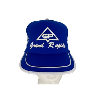 Vtg 3 Stripe Trucker Hat Georgia Pacific Grand Rapids Puff Print Snapback 80s