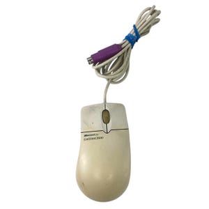 May include: A beige Microsoft for Gateway 2000 computer mouse with a scroll wheel and a long, coiled white cord. The cord features a purple PS/2 connector and a blue plastic tie. The mouse casing shows signs of age and light surface wear.