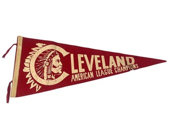 Bandeira de feltro vermelha vintage dos anos 40 dos nativos americanos de Cleveland, campeões da Liga Americana de Beisebol.