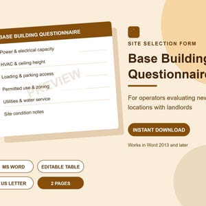 May include: A digital document template titled Base Building Questionnaire, featuring a brown and cream color scheme. The form includes sections for power, HVAC, loading, zoning, utilities, and site notes. It is formatted for MS Word, US Letter size, and contains two pages.