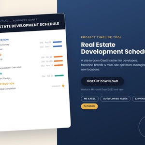 Gantt Chart Excel Template, Construction Schedule & Project Timeline Spreadsheet, Auto-Linked Task Tracker, Instant Download