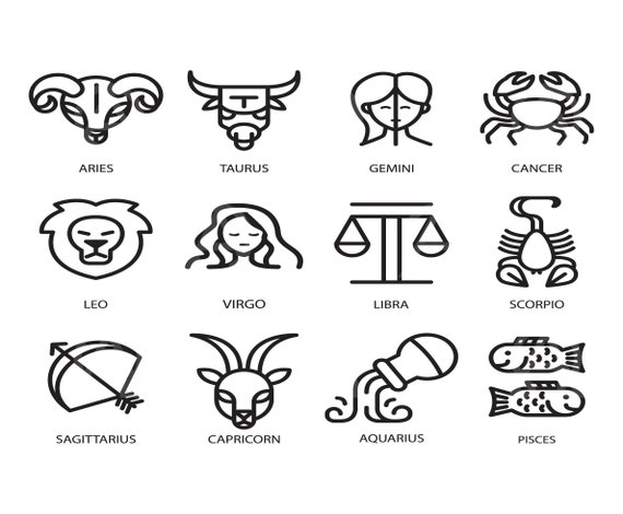 Zodiac signs, set of horoscope symbols, astrology icons collection. Clip  Art silhouettes (eps, svg, pdf, png, dxf, jpeg).