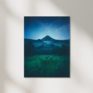 Paisagem noturna em aquarela digital, impressão de arte de montanha, download digital, decoração de casa.