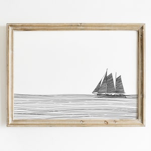 Nautical Line Art Print Minimalist Line Drawing Ship Art  Beach House Calm Printable Sailing Art Line Drawing Nautical Nursery Pintable Art