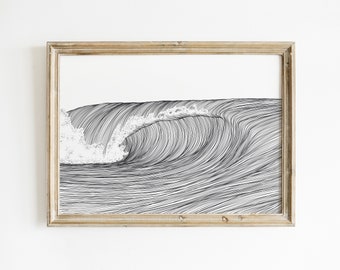 May include: A black and white line drawing of a wave crashing in the ocean. The wave is drawn with many thin lines that create a sense of movement and energy. The drawing is framed in a light wood frame.