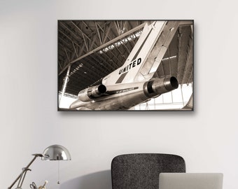 Aviation Decor, 727 Boeing Commercial Aircraft Jet, Wall Art On Canvas, Fine Art Photography, Black and White, Vintage