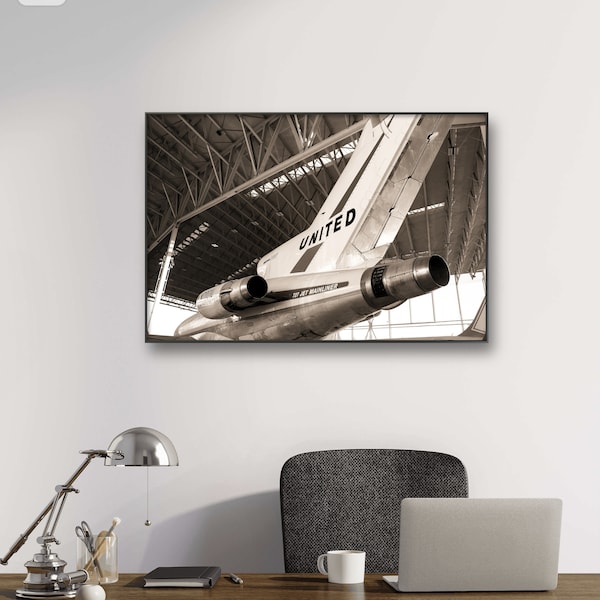 Aviation Decor, 727 Boeing Commercial Aircraft Jet, Wall Art On Canvas, Fine Art Photography, Black and White, Vintage