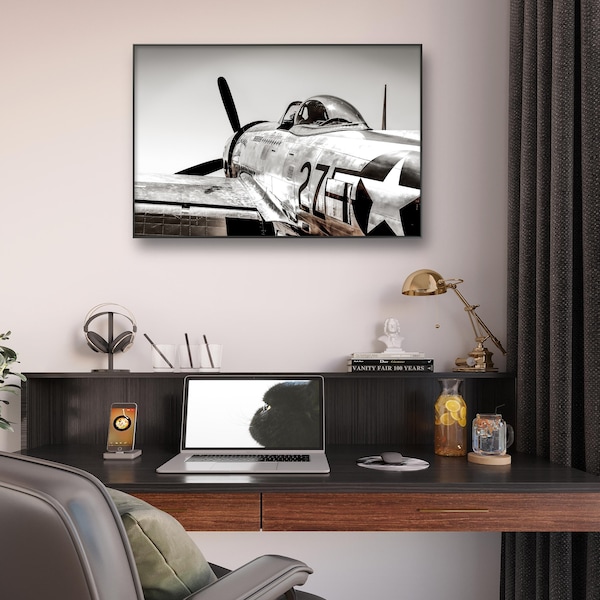 Aviation Decor, P-47 Thunderbolt WWII Fighter Aircraft, Warbird, Black and White, Wall Art, Fine Art Photography, Digital Print