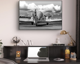 Vintage Douglas DC-3 Aviation Print, Black and White Airplane Wall Art
