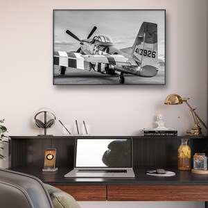 Aviation Decor, P-51D Mustang WWII Fighter Aircraft, Warbird, Wall Art, Black and White Digital Print on Canvas or Metal