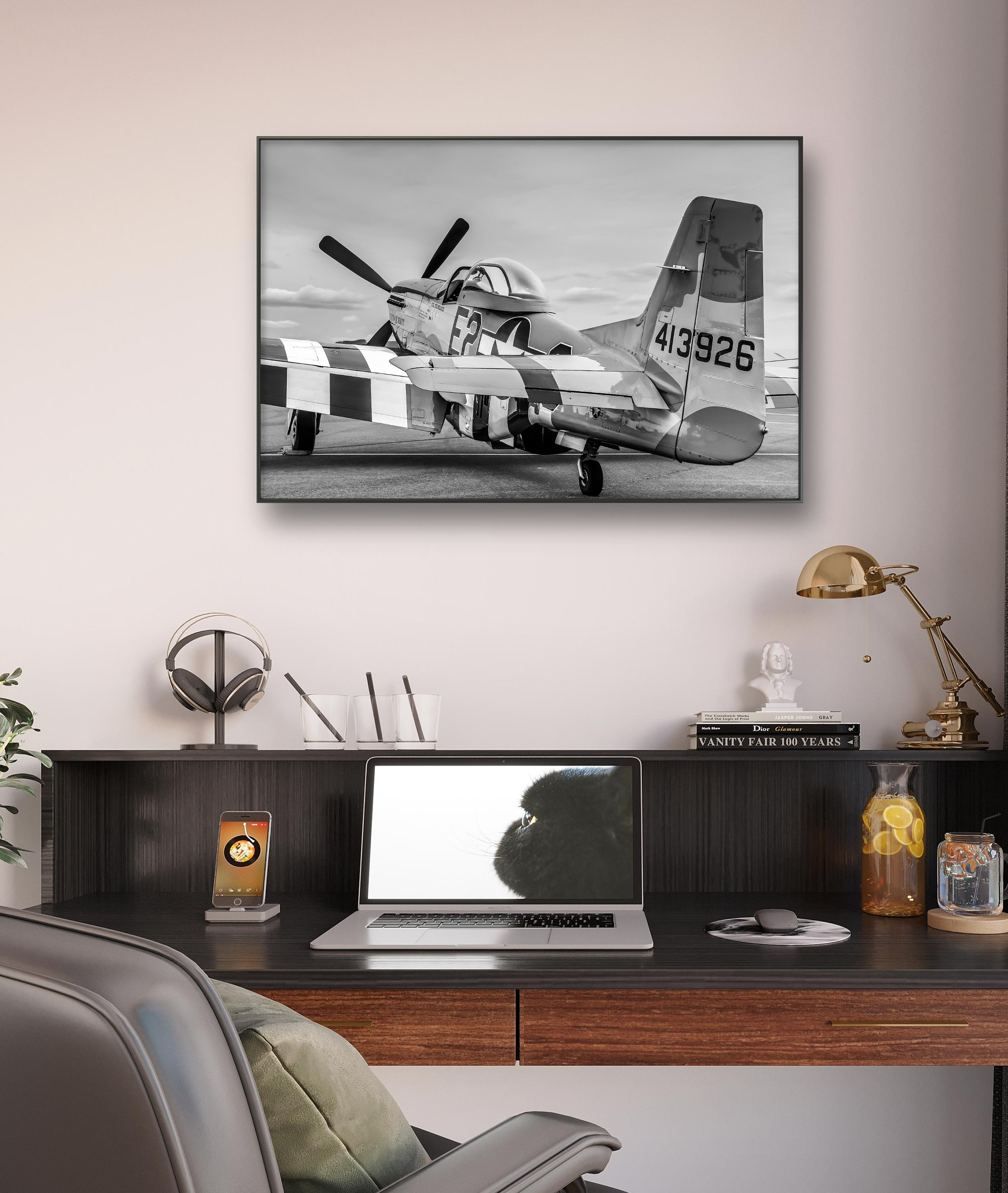 Aviation Decor, P-51D Mustang WWII Fighter Aircraft, Warbird, Wall Art, Black and White Digital Print on Canvas or Metal