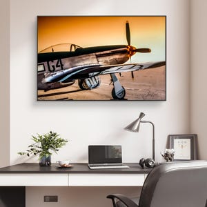 Aviation Decor, P-51 Mustang WWII Fighter Aircraft At Sunset, Warbird, Wall Art On Canvas or Metal, Color Digital Print