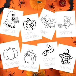 May include: Black and white printable Halloween coloring pages featuring a ghost, jack-o-lantern, bat, witch, pumpkin, cauldron, candy corn, and a black cat.