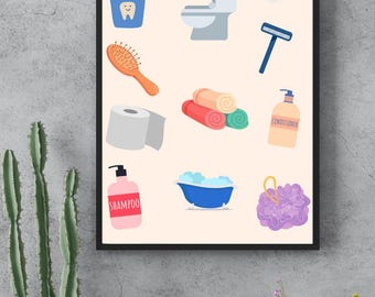 Lámina artística de baño infantil: Iconos divertidos para el baño (descarga digital)