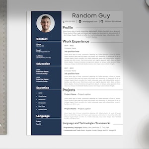 May include: A blue and white resume template with a headshot of a person. The resume includes contact information, work experience, projects, expertise, and language skills. The text "Random Guy" is at the top of the page.