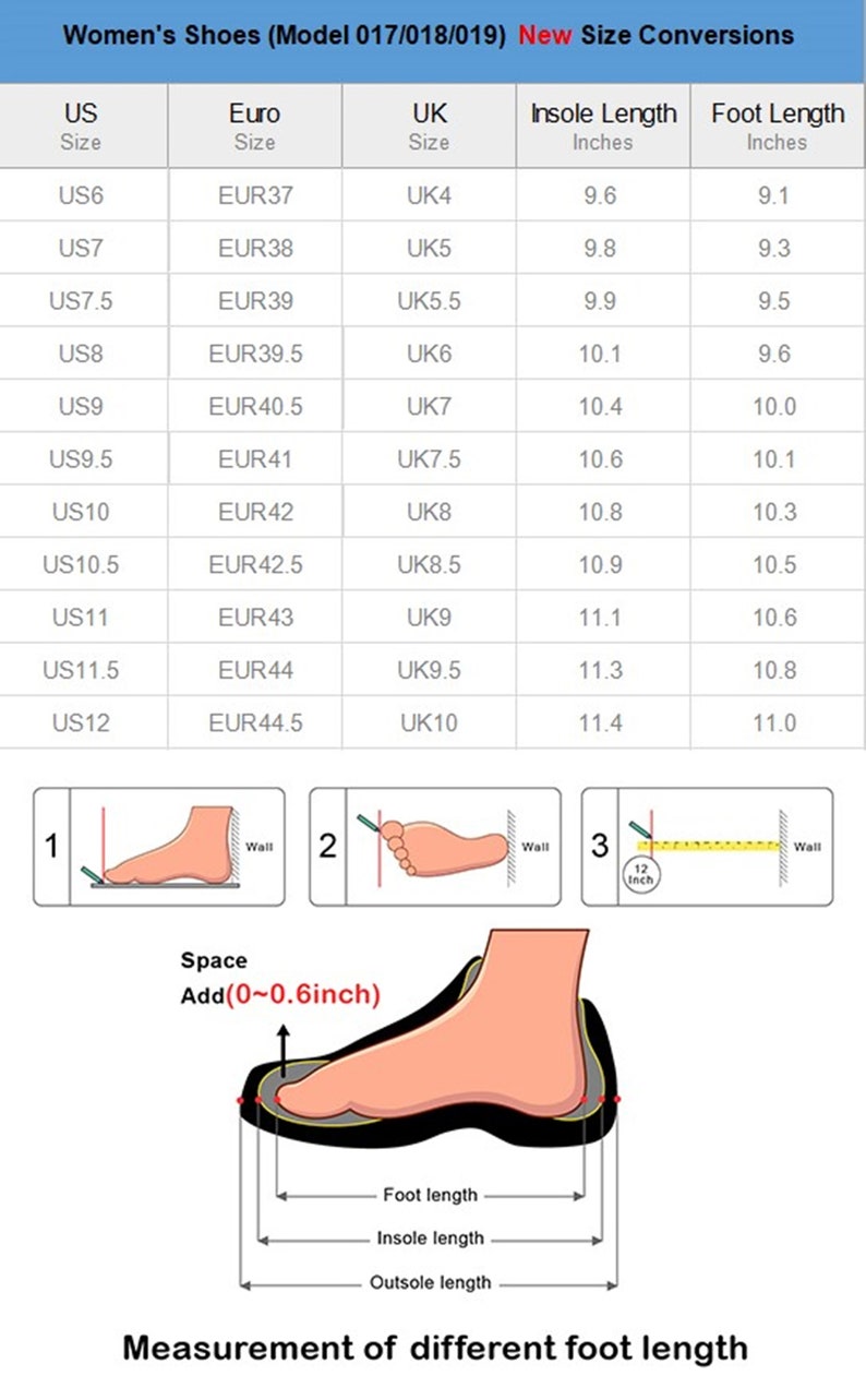 May include: A chart detailing women's shoe size conversions, including US, Euro, and UK sizes, with corresponding measurements in inches. The image also illustrates how to measure foot length, insole length, and outsole length.