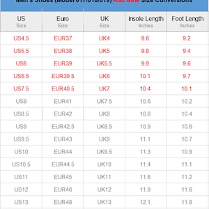 May include: Shoe size conversion chart for men's shoes, including US, Euro, and UK sizes. Displays insole and foot length measurements in inches. Model numbers 017/018/019 are listed at the top of the chart.