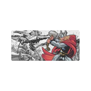 May include: A black and white illustration of a group of superheroes, including Thor, who is in color and wielding his hammer. The background is a gray and white pattern.