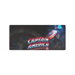 May include: A black and red Captain America mousepad with a graphic of Captain America holding his shield and a blue energy blast. The text "CAPTAIN AMERICA" is in red and white letters.