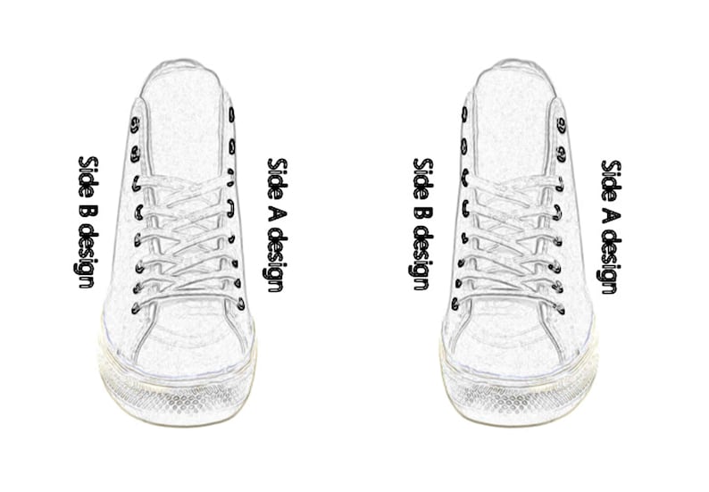 May include: A pair of white high-top sneakers with black laces. The left shoe has "Side A design" written on the side, and the right shoe has "Side B design" written on the side.