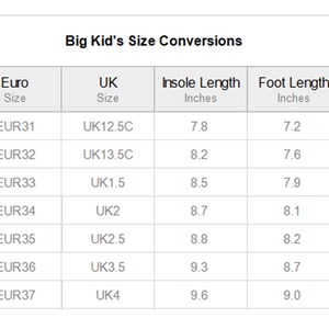 May include: A chart showing big kid's shoe size conversions in US, Euro, and UK sizes. The chart also includes insole length, foot length, and foot width measurements in inches.