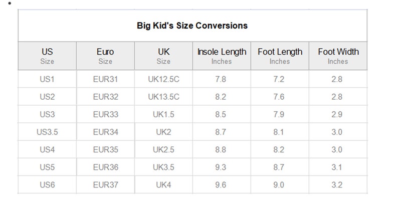 May include: A chart showing big kid's shoe size conversions in US, Euro, and UK sizes. The chart also includes insole length, foot length, and foot width measurements in inches.