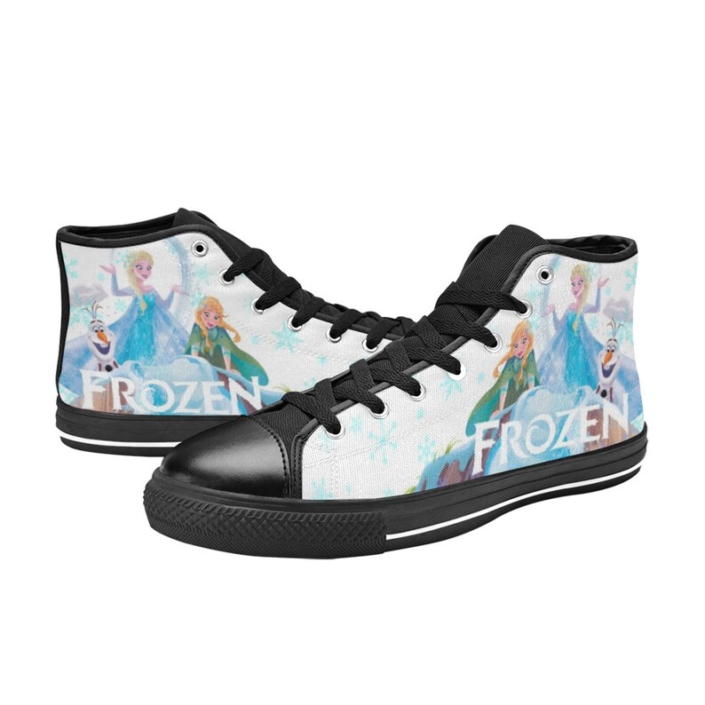 May include: Black high-top canvas shoes with a white background featuring a snowflake pattern and a graphic of the characters from the movie Frozen. The text "Frozen" is printed on the shoes.