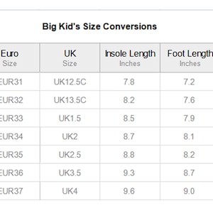 May include: A white chart titled "Big Kid's Size Conversions" displays shoe size conversions. It includes US, Euro, and UK sizes, along with measurements in inches for insole length, foot length, and foot width. The chart starts with US size 1.