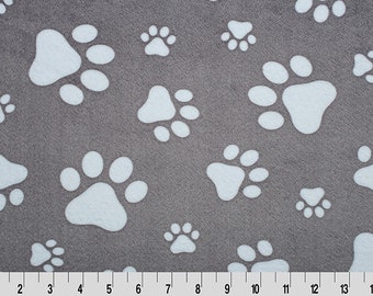 Paws Cuddle Graphite/Snow - By the Yard, Shannon Fabrics Minky - Gray Paw Fabric - Gray Dog Fabric for Crafts