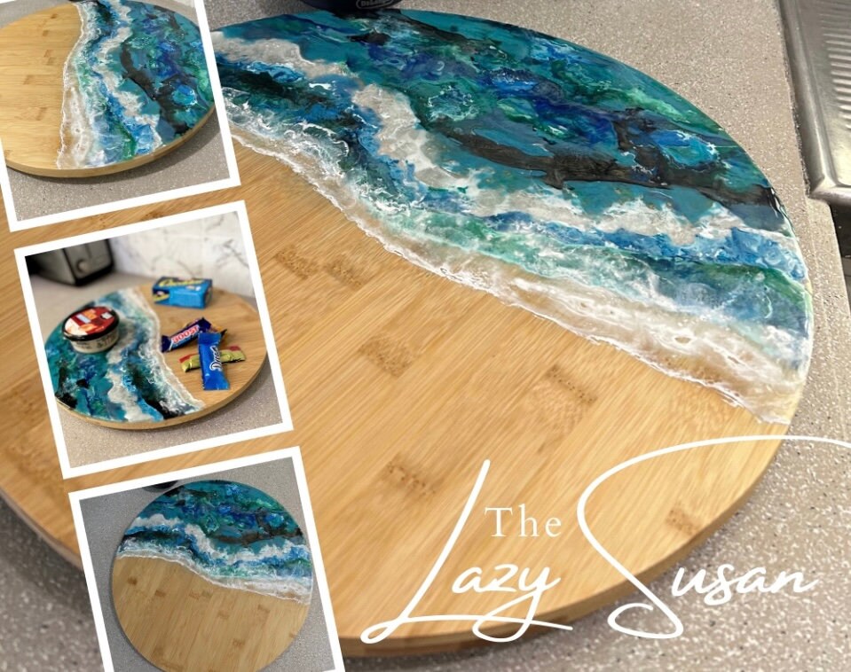 Blue Lazy Susan, Hand Poured Food Safe Epoxy Resin on Bamboo, Geode Art,  Geode Epoxy Resin, Housewarming Gift, Functional Art. 