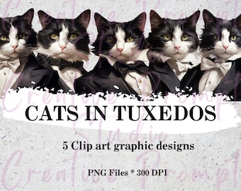 Cat wearing a tuxedo and bowtie clipart of elegant feline fashion- Printable Instant Download of stylish fashionable kitty dressed for party