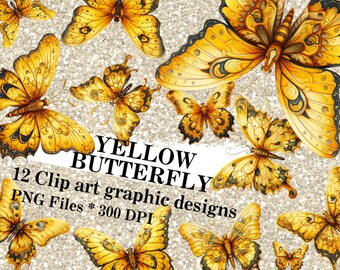 Yellow Butterfly Clipart Beautiful Set of 12 Designs - Printable Digital Instant Download for Crafts and Design of whimsical butterflies