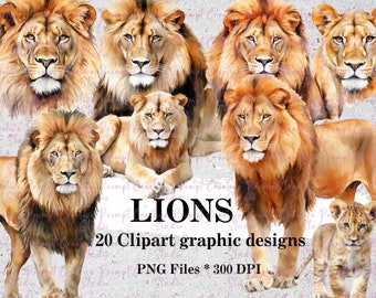 Lion clipart | Lion, lioness, lion cubs, safari animals digital download clipart PNG Digital files | Lion themed decorative watercolor files