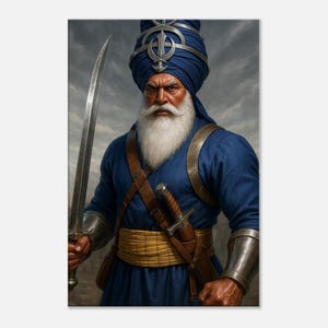 May include: A portrait of a man in a blue turban and attire, holding a large sword. He has a long white beard and a stern expression. The image has a painterly style with a cloudy background.