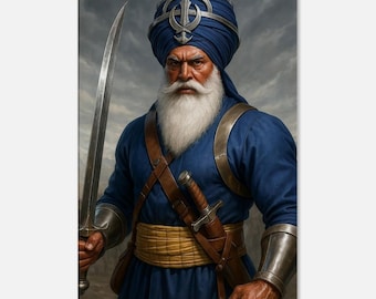 May include: A portrait of a man in a blue turban and attire, holding a large sword. He has a long white beard and a stern expression. The image has a painterly style with a cloudy background.