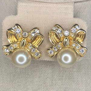 Vintage 80s Swarovski Gold Bow Pearl Clip-On Earrings