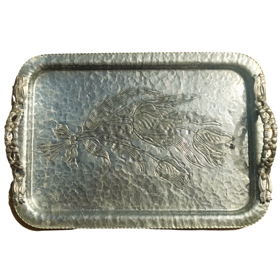 Vintage 40s/50's Rodney Kent Hammered Aluminum Tray Floral Design