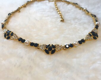 Vintage 90s Monet Gold Plated Necklace with Faux Onyx Diamonds Pearls