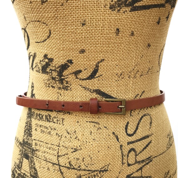 Vintage 90s Medium Brown Faux Leather Skinny Belt Square  display picture 1
