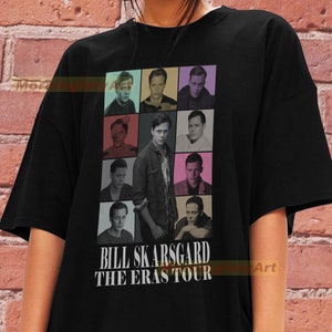 May include: Black t-shirt with a collage of images of Bill Skarsgård in different roles. The text "Bill Skarsgård The Eras Tour" is printed below the collage.