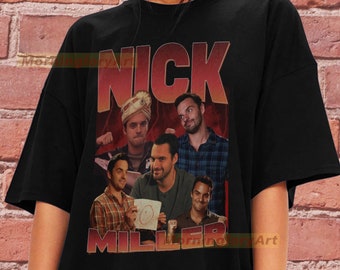May include: Black t-shirt featuring a vintage-style graphic of Nick Miller from the TV show New Girl. The graphic is a collage of images of Nick Miller, including a photo of him wearing a turban.