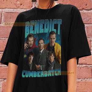May include: Black t-shirt with a graphic of Benedict Cumberbatch in different roles, including Sherlock Holmes, Doctor Strange, and others. The text "Benedict Cumberbatch" is printed in blue and green letters.