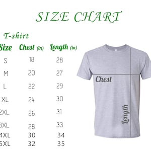 May include: T-shirt size chart with measurements in inches for chest and length. Sizes range from S to 5XL.